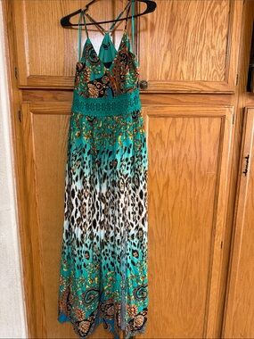 Fashion Nova Teal & Brown Mixed-Print Maxi Dress